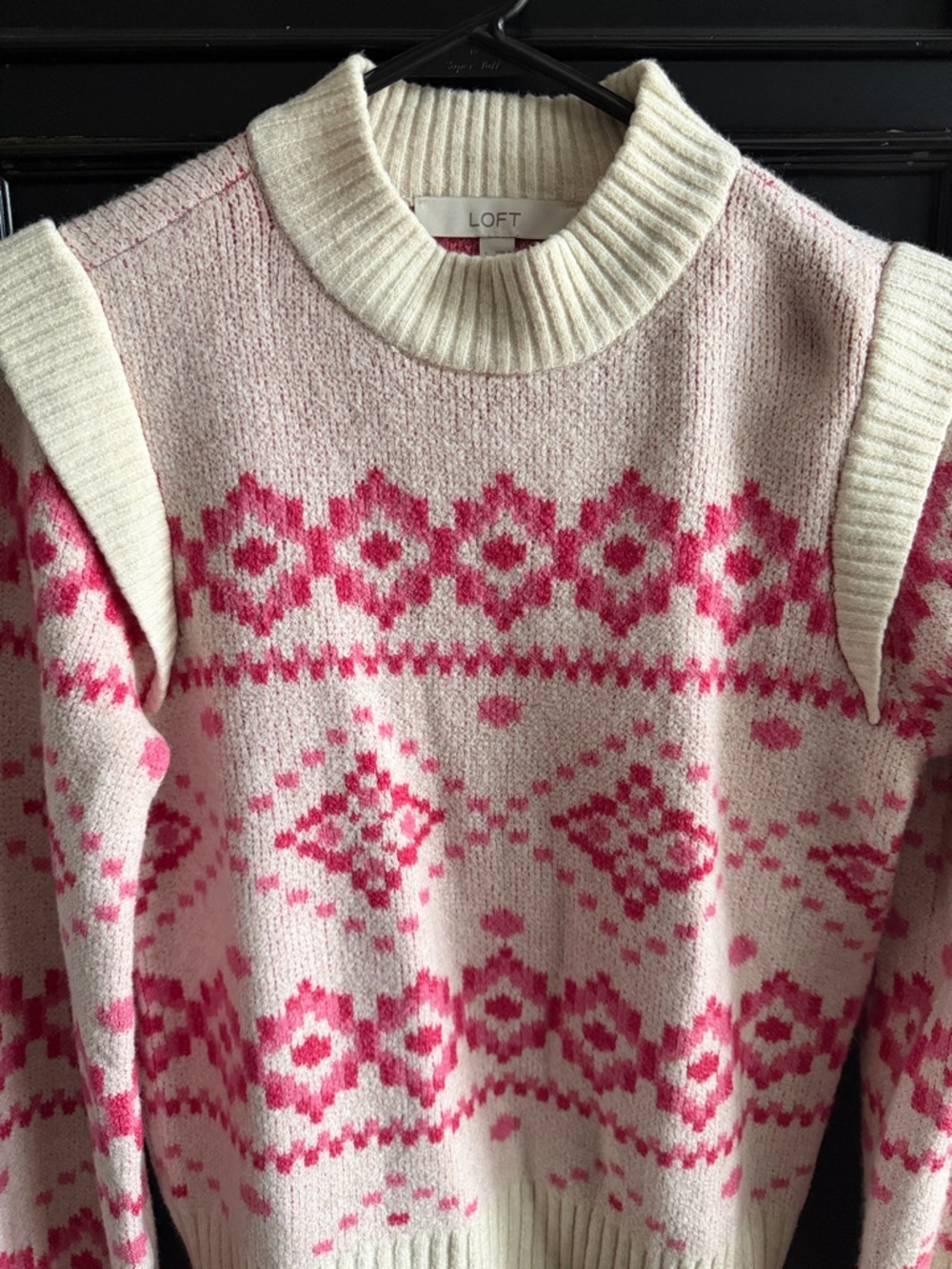 LOFT Cream & Hot Pink Fair Isle Crewneck Sweater